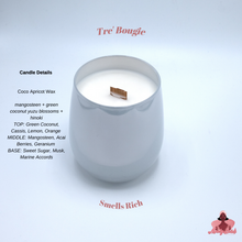 Load image into Gallery viewer, Scent chart for white aromatherapy candle called Tre Bougie.
