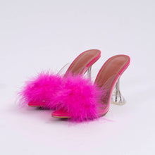 Load image into Gallery viewer, Faux pink feather clear kitten heels. Fuzzy bedroom house slippers.
