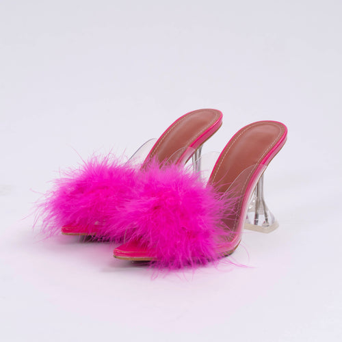 Faux pink feather clear kitten heels. Fuzzy bedroom house slippers.