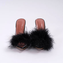 Load image into Gallery viewer, Front view of black faux feather clear kitten heels. Fuzzy bedroom short heeled house slippers.
