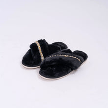 Load image into Gallery viewer, Fuzzy slipper slides in black. Jeweled house slippers. Birds eye view.
