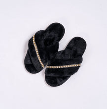 Load image into Gallery viewer, Soft fluffy slipper slides in black. Jeweled house slippers. Birds eye view.
