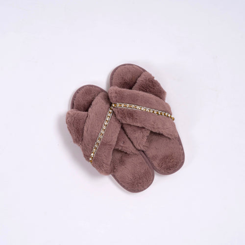 Soft fluffy criss-cross slides in mauve. Jeweled house slippers. Birds eye view.