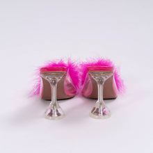 Load image into Gallery viewer, Faux pink feather clear kitten heels. Fuzzy bedroom house slippers. Back view.
