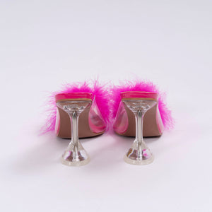 Faux pink feather clear kitten heels. Fuzzy bedroom house slippers. Back view.