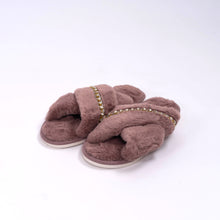 Load image into Gallery viewer, Soft fluffy criss-cross slides in mauve. Jeweled house slippers. Front view.
