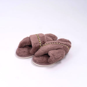 Soft fluffy criss-cross slides in mauve. Jeweled house slippers. Front view.