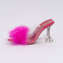 Load image into Gallery viewer, Side view of pink faux feather clear kitten heels. Fuzzy bedroom short heeled house slippers.
